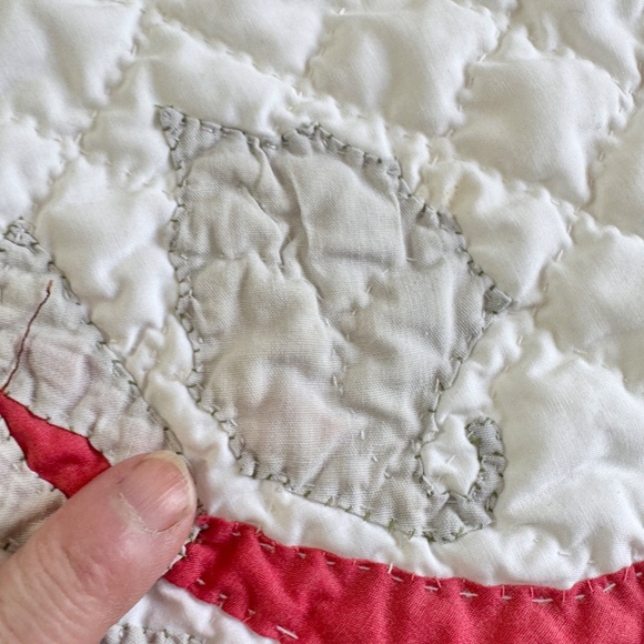 Vintage 70s hand stitched quilt, red, white and grey, full size, flawed, AS IS - Picture 8 of 15